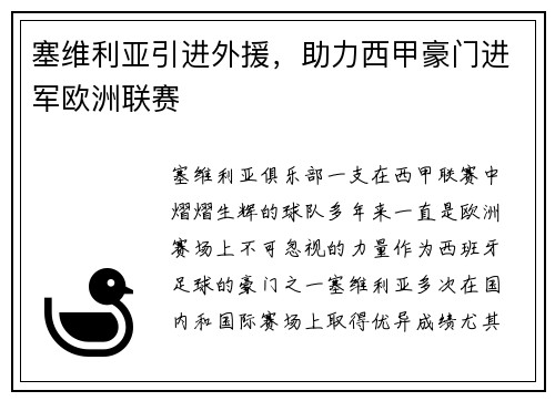 塞维利亚引进外援，助力西甲豪门进军欧洲联赛